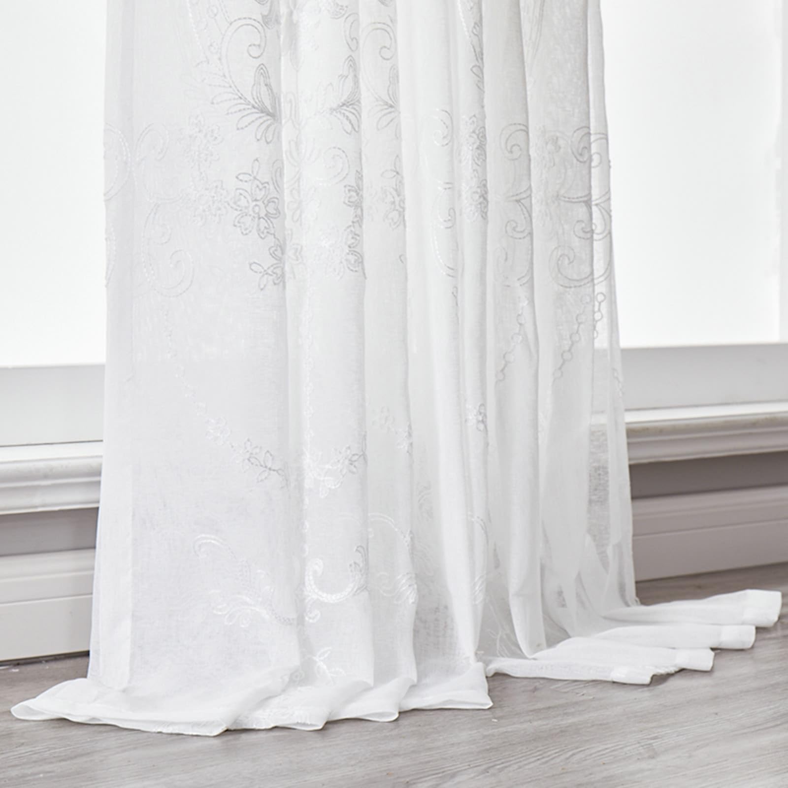 Wohnzimmer Voile Vorhänge Weiß 147 cm Höhe, Polyesterleinen Vorhänge Bestickt mit Ösen 2 Stück Transparent, H147 x B107 cm