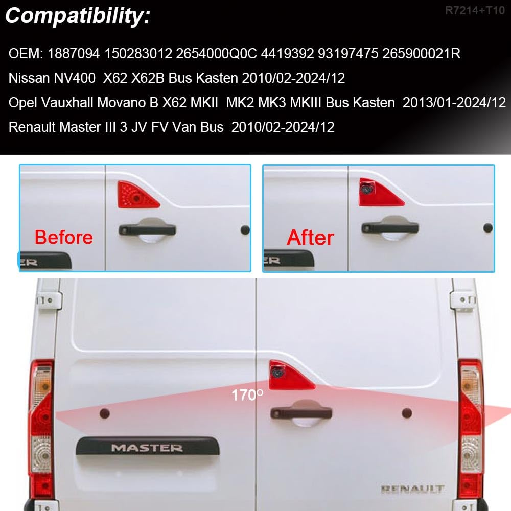 Con lampadina T10 LED, HD, impermeabile, supporto per parcheggio auto, terzo tetto, top mount, freno, luce vista posteriore, ricambio per Opel/Vauxhall Movano/Renault Master/Nissan NV400 2010
