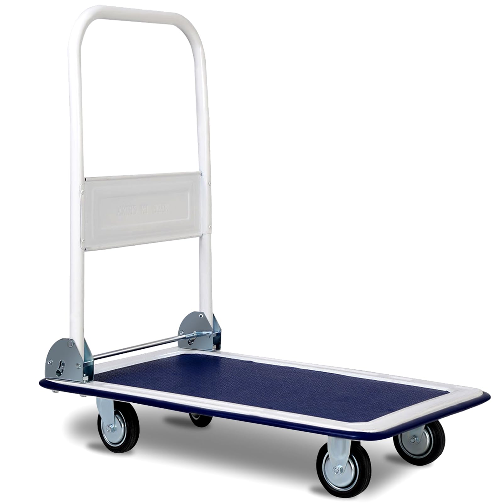 GYMAX Chariot à Plateforme Antidérapante, Diable à Main Rabattable Pliable,4 Roues Déplacement Facile, Chariot de Transport, Manumention, Déménagements, Jardinage, Capacité 150 KG (Bleu)
