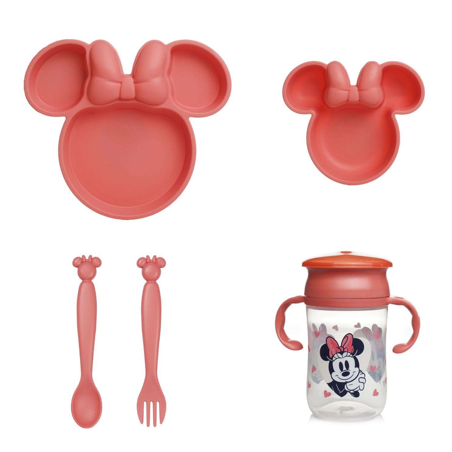 Disney Minnie Kindergeschirr-Set – unterteilter Teller – Schüssel – Löffel – Gabel und Tasse 360° – lustiges und praktisches Design für Babymahlzeiten