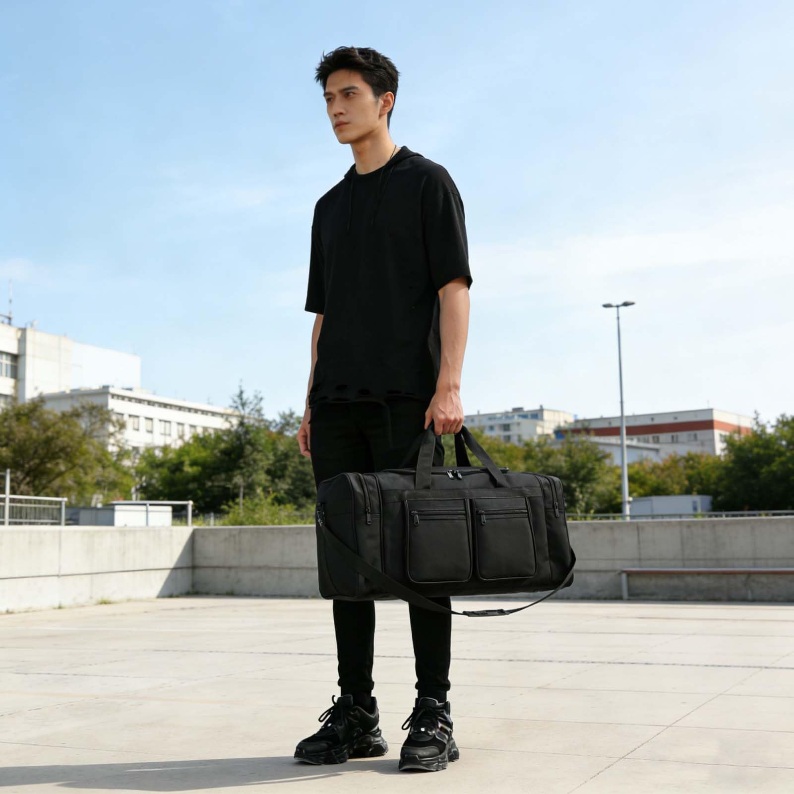 Bolsa De Viaje Hombre Mujere 62/92/115L Bolsa de Deporte Gimnasio Grande Bolso De Lona Hidrófugo Plegable Travel Duffel Bag Gym Bag Sport Duffle con Compartimento (Negro, 115L)