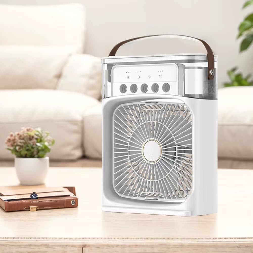 Przenośny klimatyzator 5 w 1 - chłodzenie, nawilżanie, aromaterapia, światło nocne, wentylacja; zbiornik 600 ml, głowica obrotowa 180°, 26 × 21 cm, USB | FRIOZA