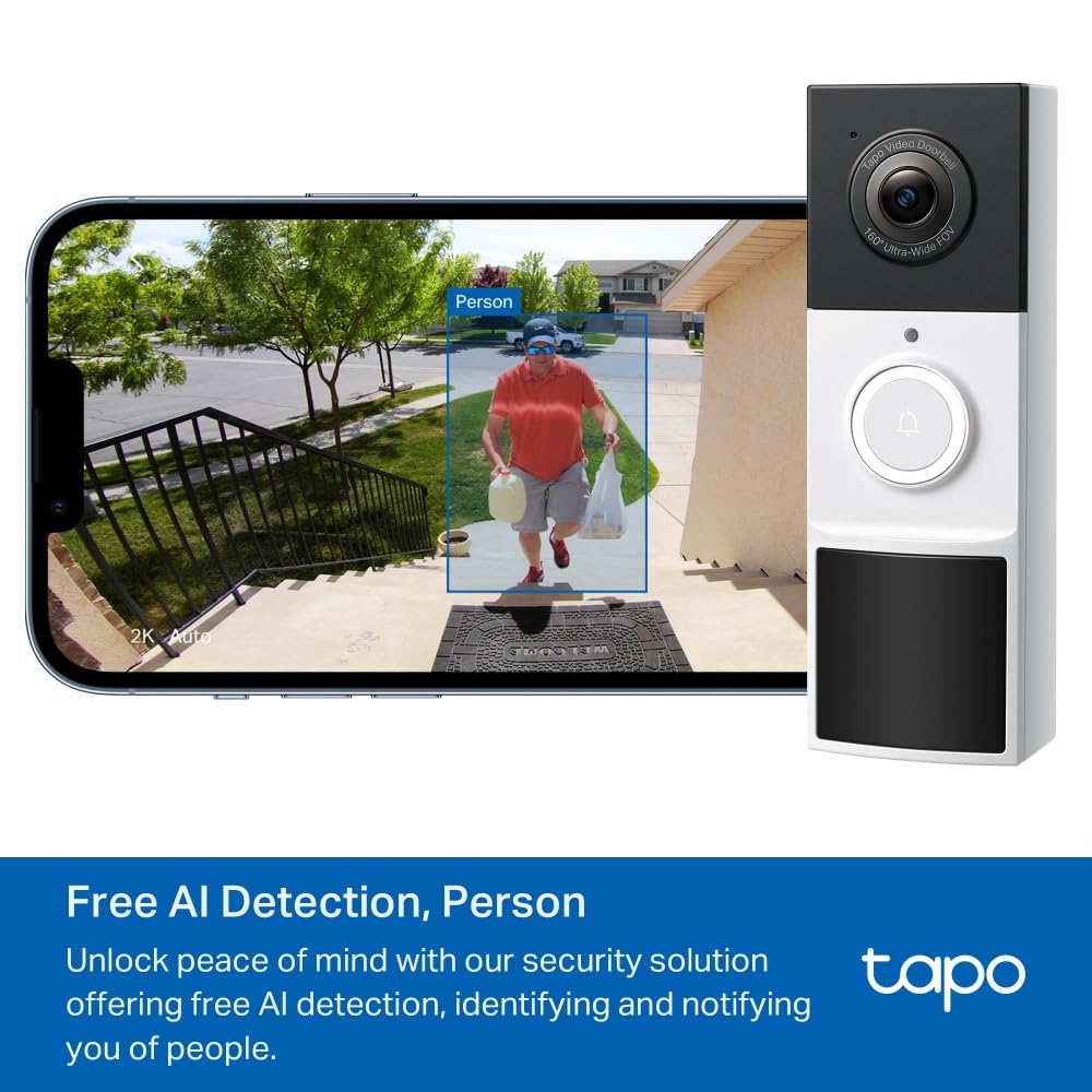 Tapo TP-Link D210 Video-Türklingel Akku (Video Doorbell) | Türklingel mit Kamera, 2K 3MP, Farbe Nachtsicht, Zwei-Wege-Audio, 6400mAh Nicht entfernbarer Akku, KI-Erkennung, Mit Chime