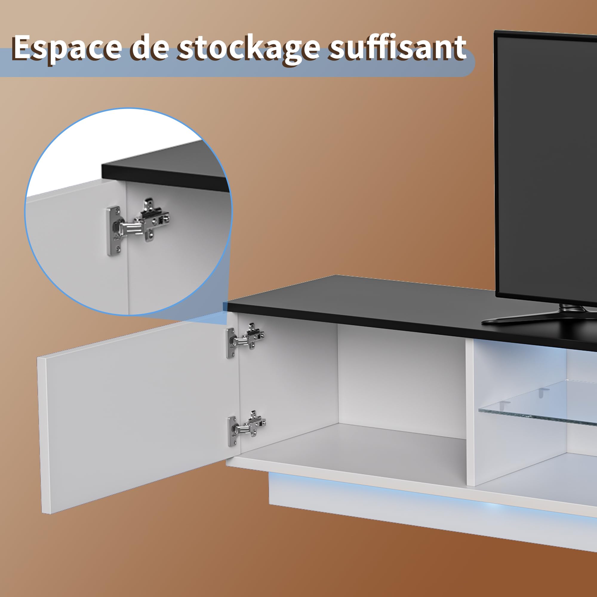 Meuble TV 160 cm, Meuble Tele avec Lumières LED, Banc TV Blanc avec Espace de Rangement, pour Télévision jusqu'à 65 Pouces, Design Moderne, Armoire-TV pour Salon, Chambre (Blanc-160 cm)