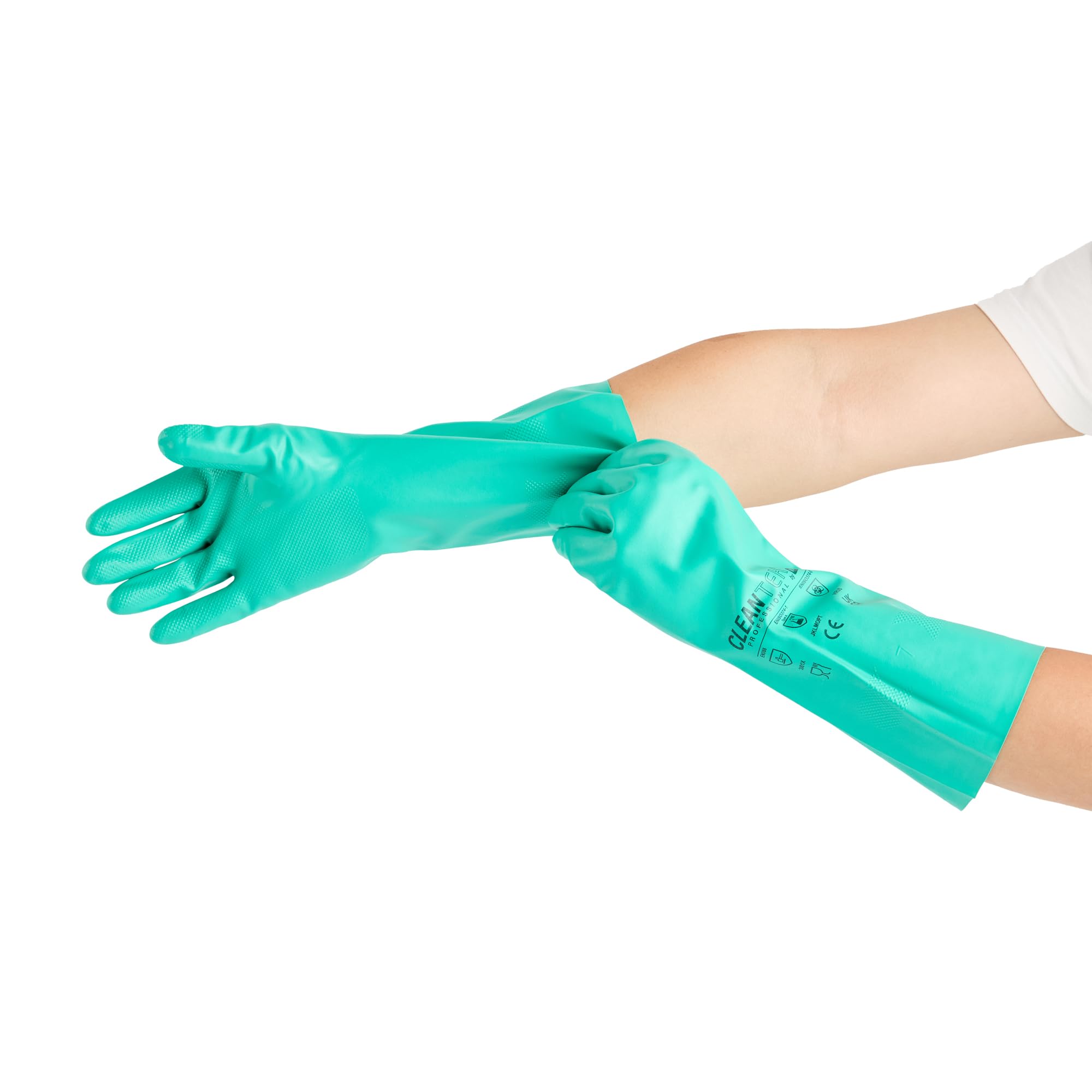 Restaurantware - Clean Tek Professional - Guantes de limpieza grandes de 15 mil, 10 pares de guantes largos, forro flocado, sin polvo, guantes de nitrilo verde tolerantes a productos químicos, sin