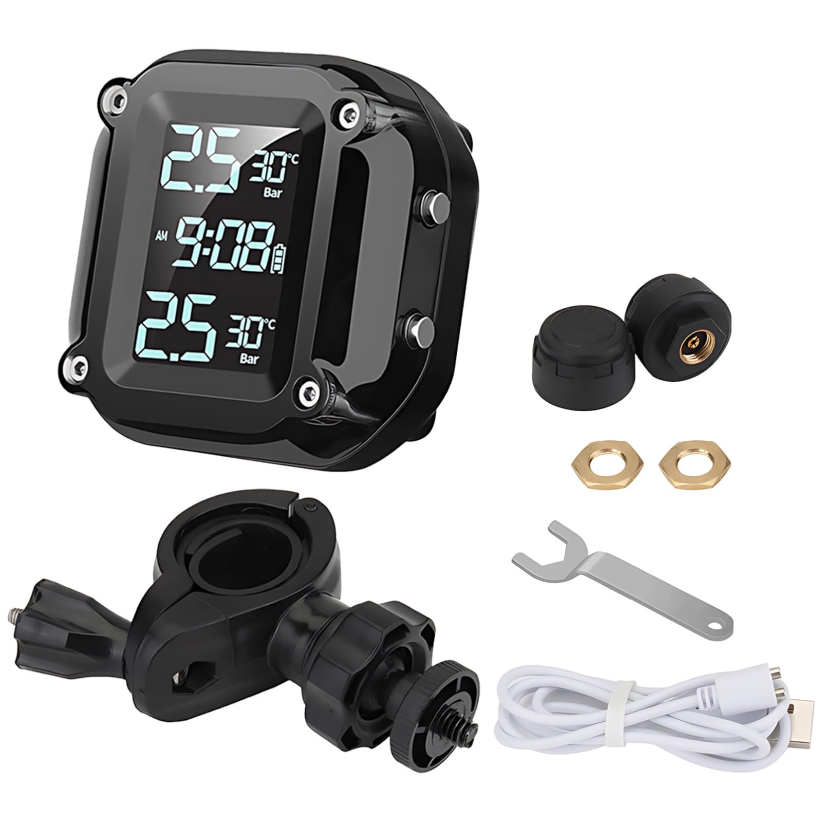 Moto TPMS Con Sensori Esterni, Wireless Tire Pressure Monitor, Display LCD Digitale, Forte Attacco Di Ricarica, Universale