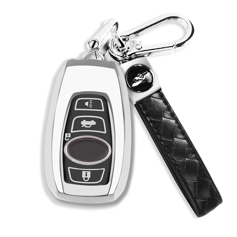 Capa para chave presencial Subaru em TPU com chaveiro de couro, 4 botões, prata QBUC