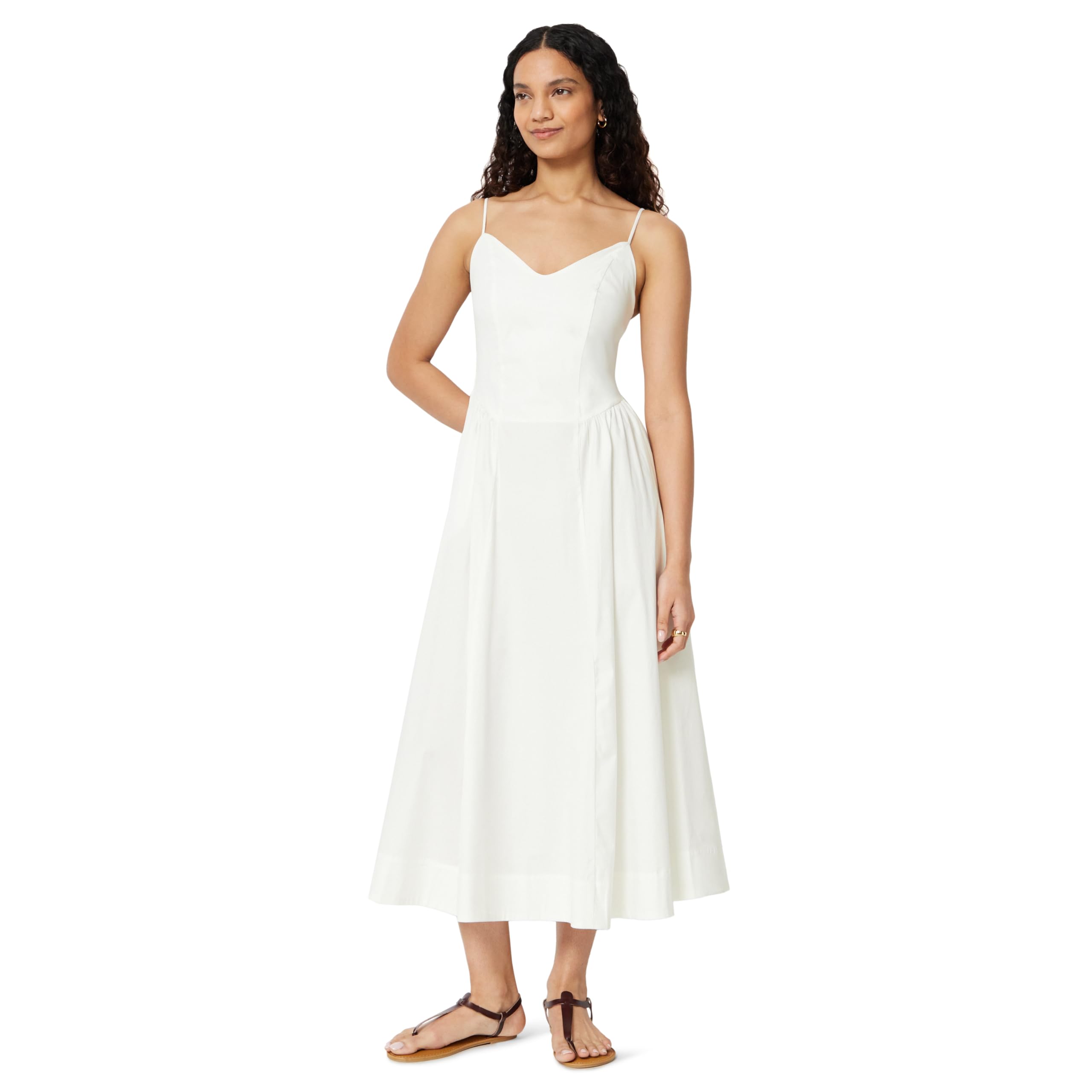 Amazon Essentials Donna Abito Midi Fit & Flare in Popeline di Cotone con Spalline Sottili