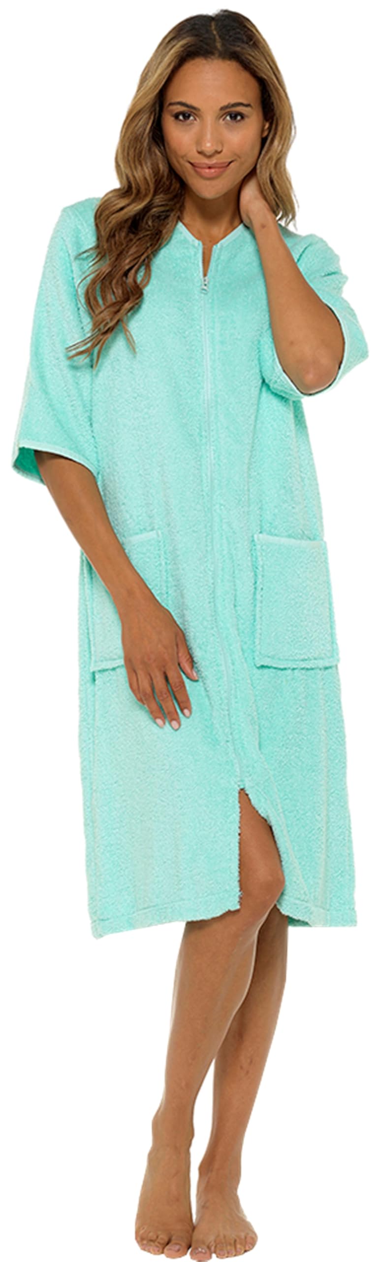 BRANDBUYS Ladies Terry Towelling Cotton Dressing Gown Bathrobe Highly Absorbent Women Towel Bath Wrap (16-18, Mint Zipped (no Belt))