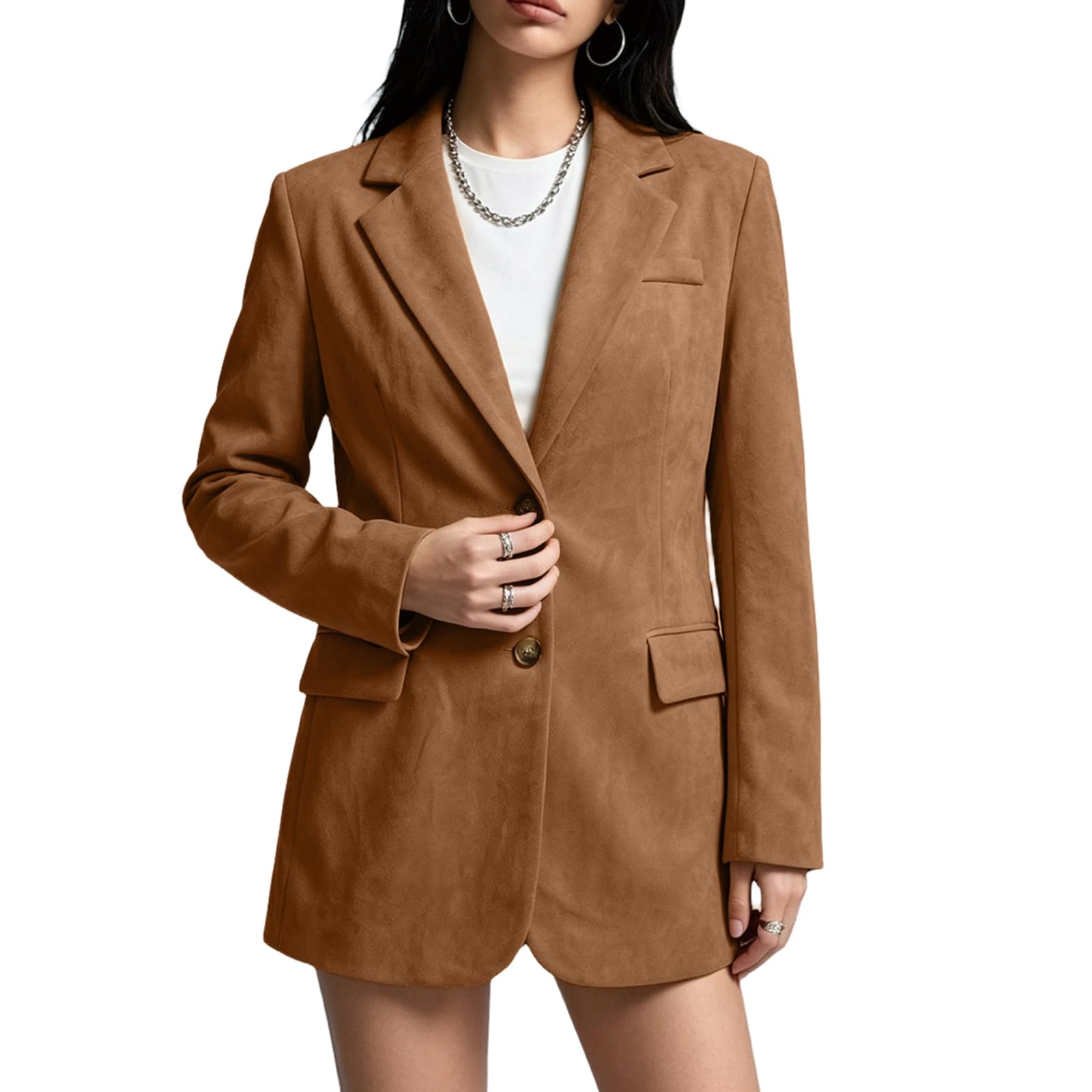 Generisch Wildleder Blazer Damen Elegant Wildlederjacke Mit Knöpfen Mantel