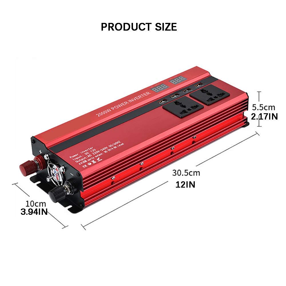 Przetwornica napięcia samochodowego 2000 W, konwerter napięcia DC na AC z wyświetlaczem LCD, 4 interfejsy USB, 3 gniazda AC, podróże i kempingi, 24 V na 220 V