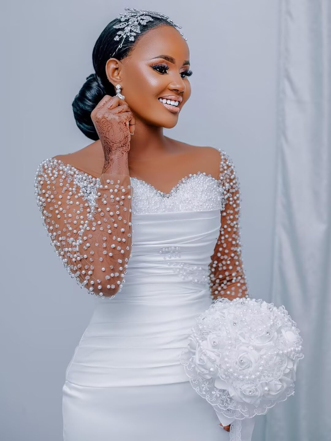 Satin Mermaid Wedding Dresses for Bride Long Sleeve Corset Sweep Train Pearls Garden Africa Nigeria Bridal Gowns