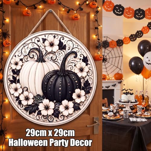Image of Fall Decor - Black and White Pumpkin Wreath Door Sign for Front Door | Round Wooden Fall Pumpkin Hanging Decor for Front Porch | Autumn Thanksgiving Door Wall Decor - Fall Decorations for Home