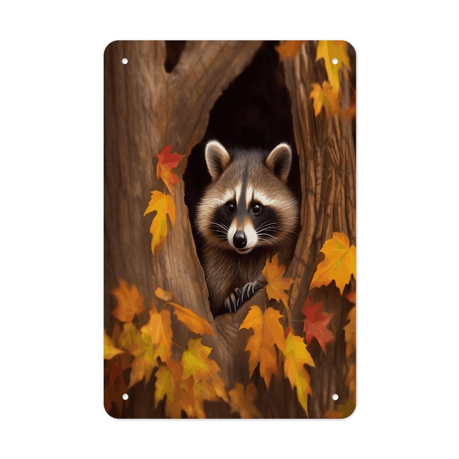 VstaDank Raccoon in The Fall Tree Hole Metal Tin Signs Personalized Wall Art Prints Decoration Art Poster Funny Vintage Tin Sign Iron Sheet Painting Metal Signboard Decor Painting for Wall Decor
