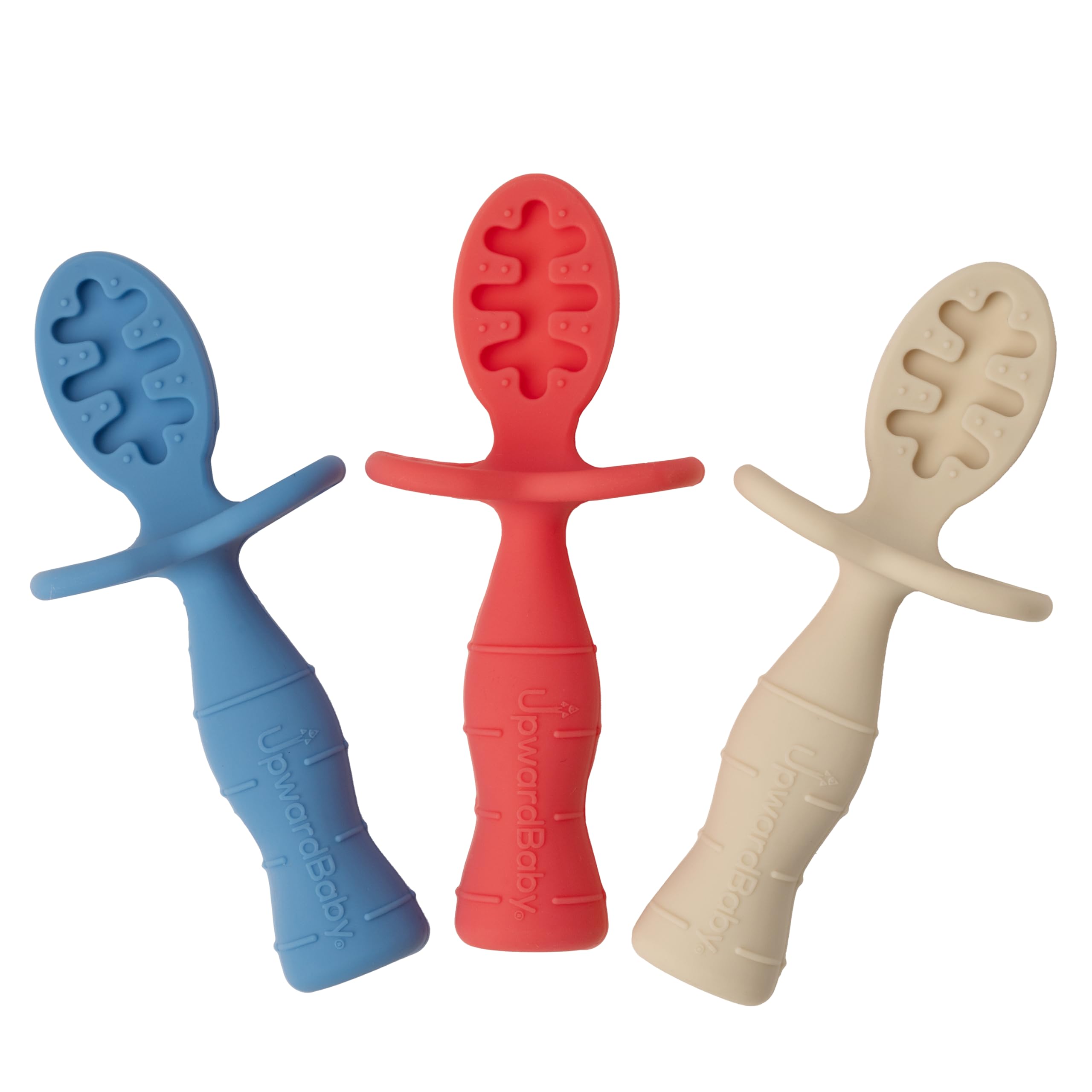 Upward Baby Spoons Self Feeding 6+ Months - 3 Pack, Chewable Toddler Utensils with Anti Choke Barrier, Baby Feeding Essentials, Baby Spoons 4 months, Silicone Baby Spoons, Red White Blue