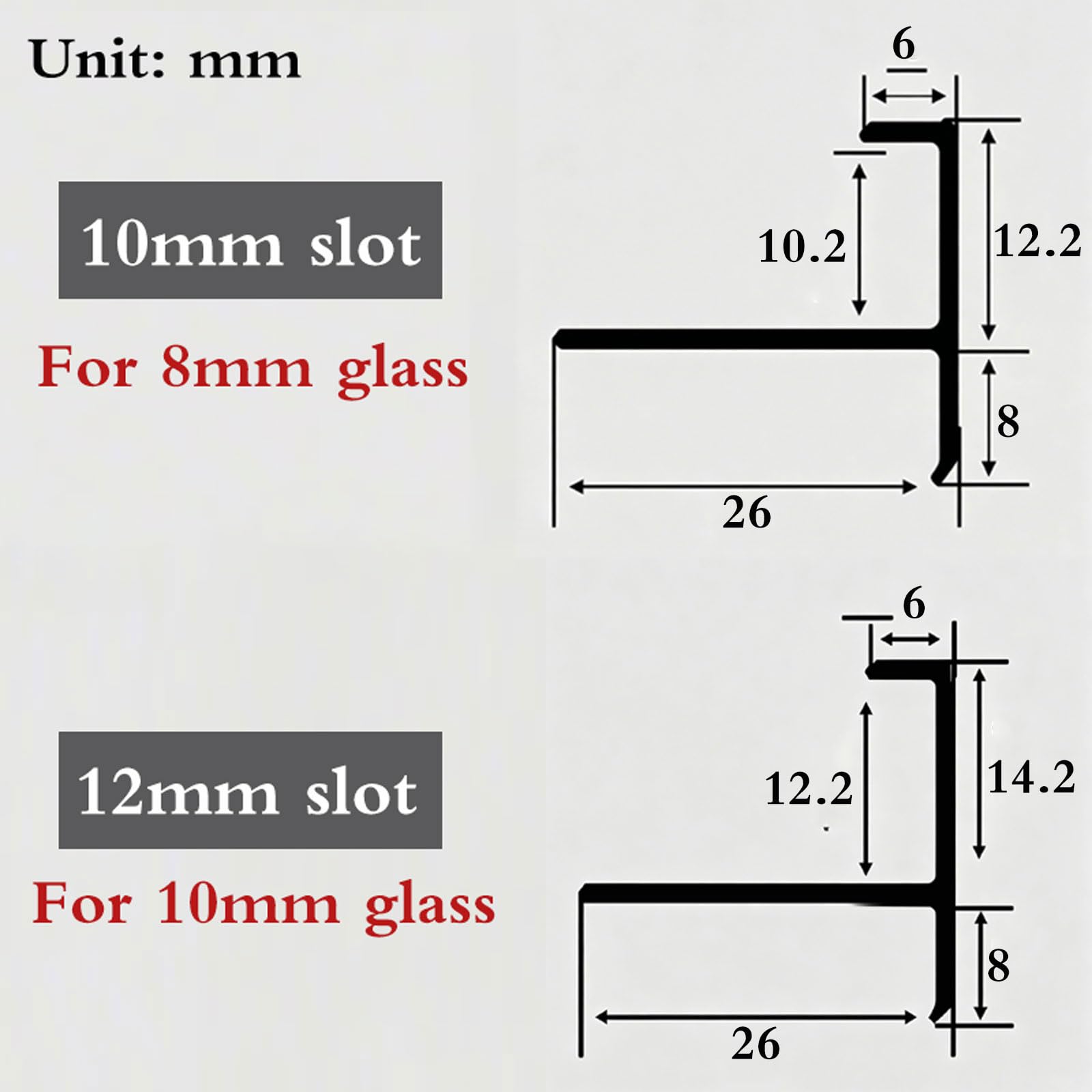 Perfil de Vidrio en Forma de F para Canales de Vidrio,Aluminio Sin Marcos Ranura Fija,Canal En F Paras Puerta De Ducha,Impermeable,Antideslizante,para vidrios de 8/10 mm de Espesor