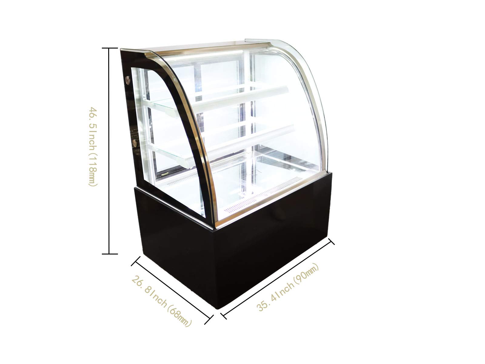 INTSUPERMAI Glass Bakery Display Case 35inch Floor Standing Refrigerated Cake Showcase with Humidifier Function Glass Refrigerated Cake Pie Showcase Bakery Display Case Cabinet Arc-shaped Back Door 220V