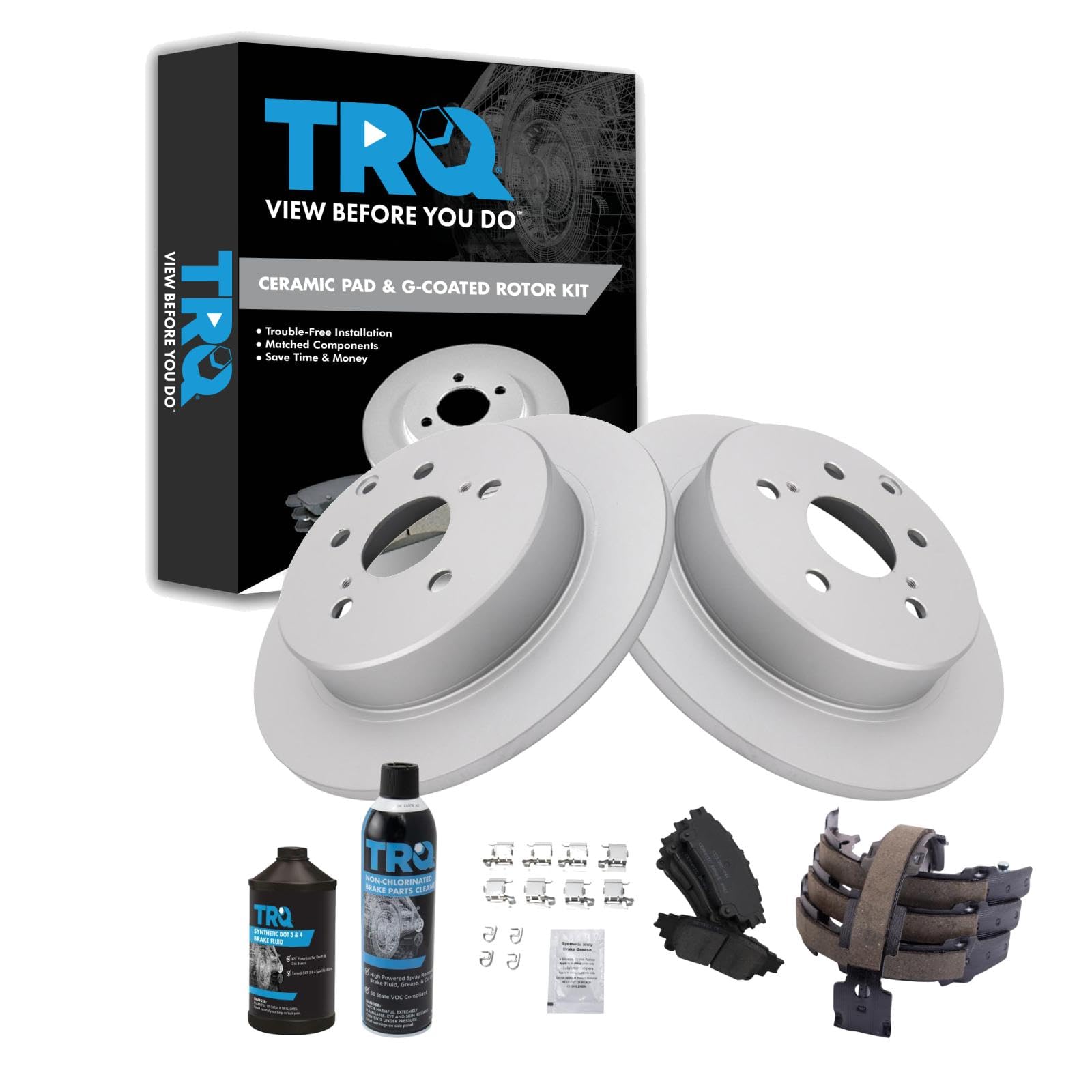 TRQ Rear Brake Pad &amp; Rotor Kit, with Chemical Kit Parking Brake Shoe Set Ceramic Premium G-Coated Compatible with 2016-2019 Toyota Mirai 2012-2017 Prius V