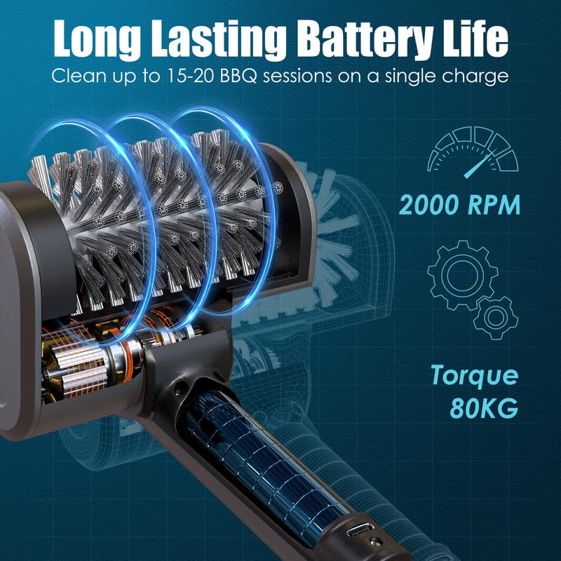 Image of Electric Grill Brush Rechargeable Grill Cleaner with 3 Heads 2 Speed 2000 RPM Torque 80KG BBQ Cleaning Brush with Safety Lock Submersible 304 SS Head Splash-Proof Scrubbe IPX7 Waterproof Silvery Black