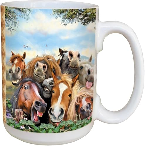 Miniatura 1 de tree-free greetings lm46896caballos selfie 15ounce de café de cerámica taza con asa de tamaño completo, multicolor