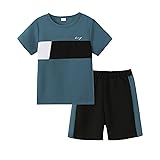 KIMI BEAR Boys Clothes Size 7 Little Boy'S Outfits Summer Shorts Sleeve Crewneck T Shirt Shorts Set Color Block Tee Tops Track Shorts 8 Years Old Boys Clothes