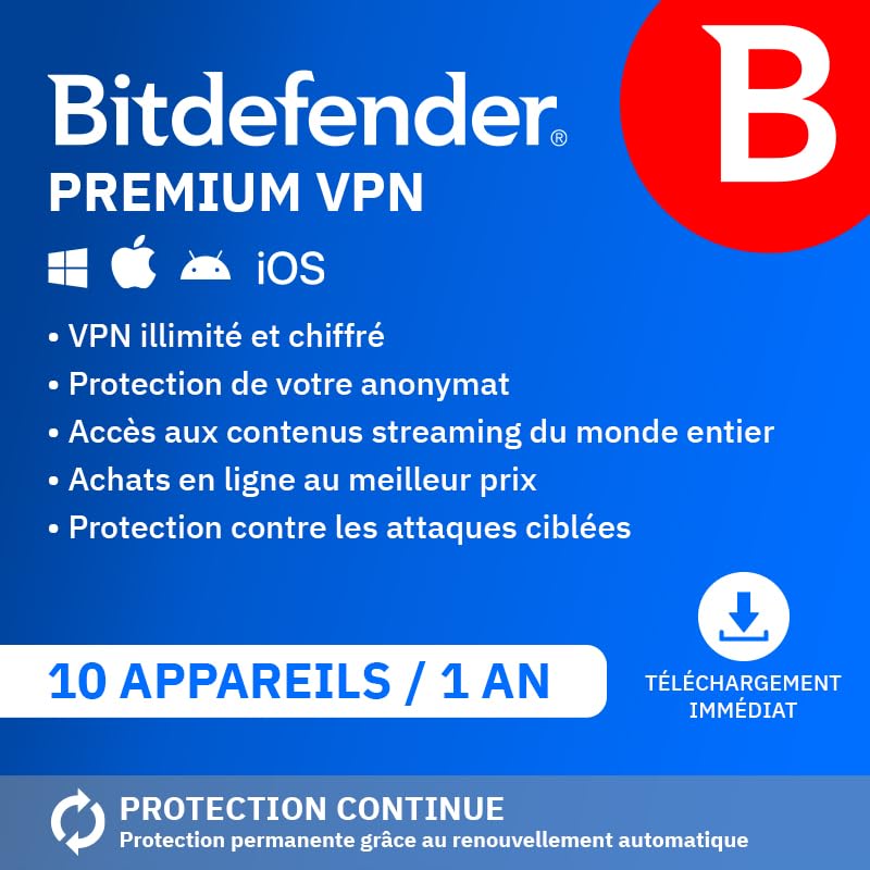 Bitdefender Premium VPN 2026 | 10 appareils | 1 An | PC/Mac/Smartphone | Code d’activation par email | Renouvellement Automatique