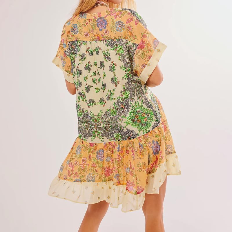 Women’s Boho Mini Dress Y2k Floral Deep V-Neck Puff Sleeve Short Dresses Summer Causal Flowy Beach Sundress - Image 4