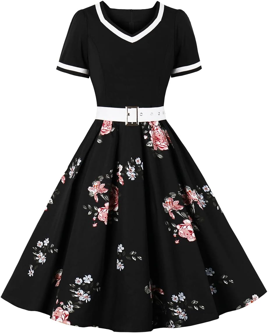 Women Short Sleeve 1950s Retro Vintage Cocktail Party Swing Dress Polka Dot Audrey Dress Casual A-Line Work Dress with Belt