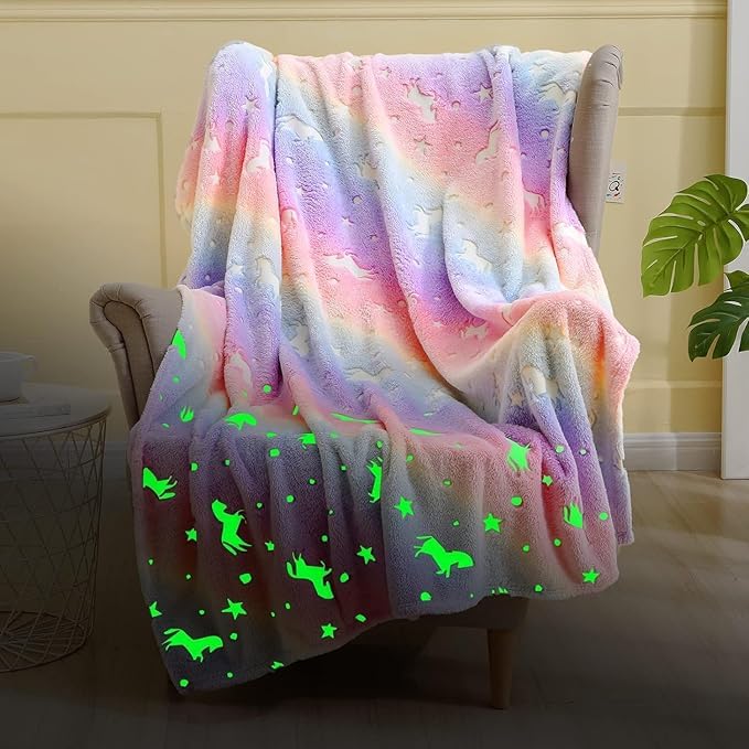 Image of Glow-in-The-Dark Kids Blanket a€ inch Polar Fleece Soft Lightweight Single Bed Blanket with Unicorn Jacquard Print, Multicolor (Rainbow)