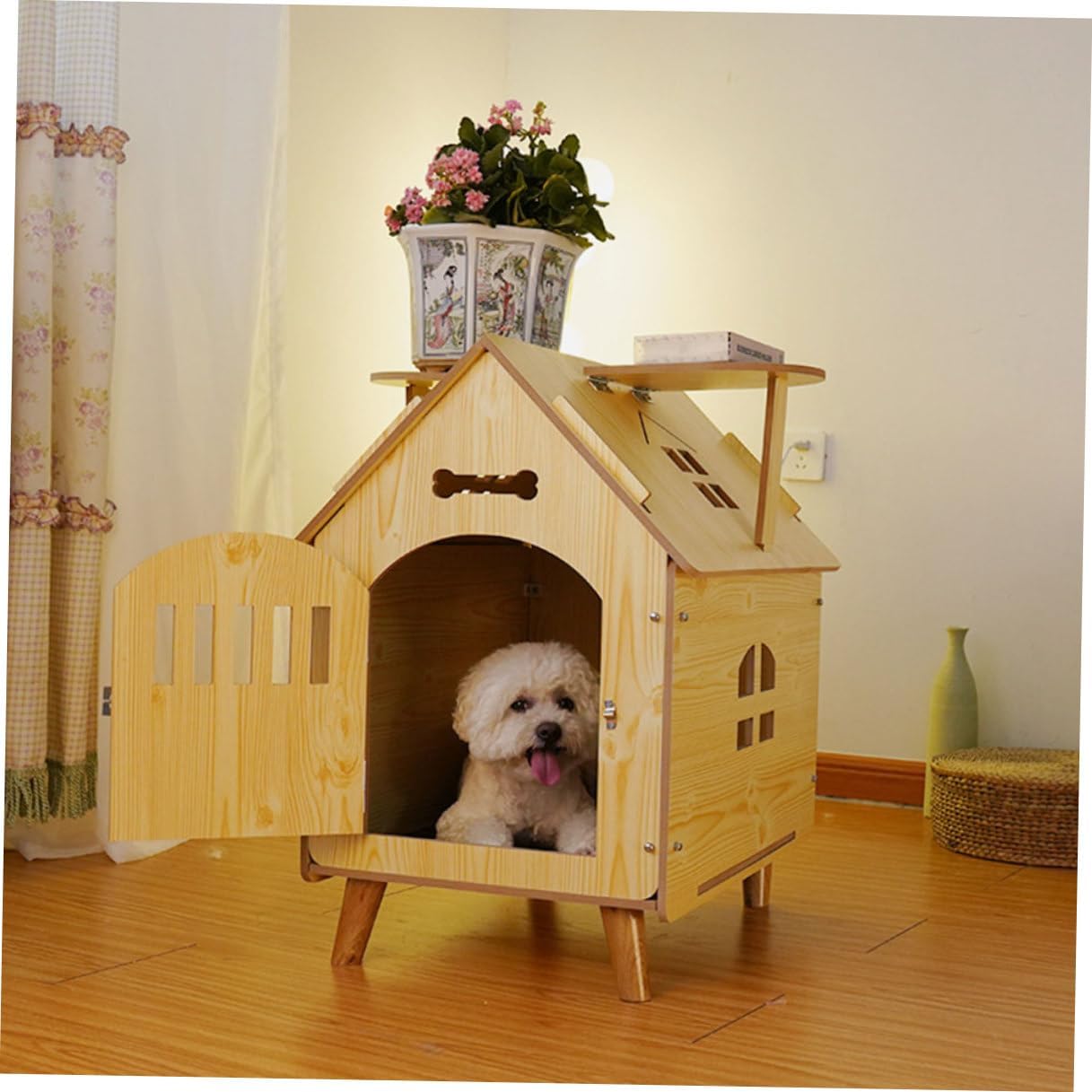 Luxshiny Wooden Dog House Dog Sleeping House Medium Size Outdoor Garden Shelter with Protective Fence Natural Wood Crate Suitable for Puppies