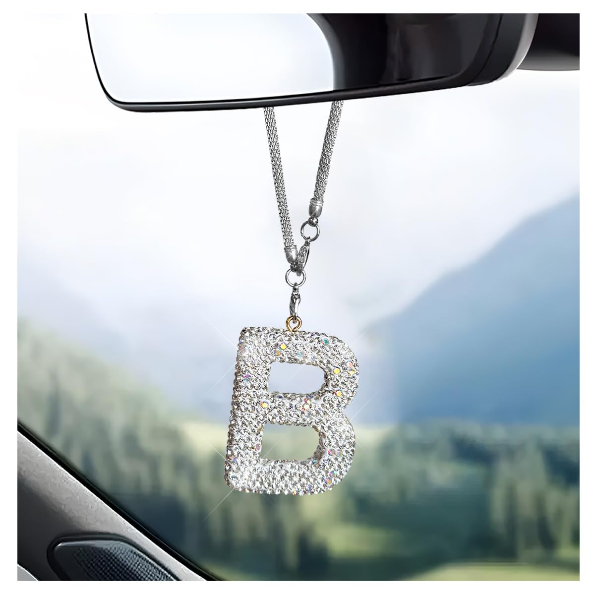 DXNQ Bling Initial Car Rear View Mirror Ornament, Crystal Sparkling Cute Letter Charm Pendant Auto Decor, Hanging Lucky Diamond Initial Charm Car
