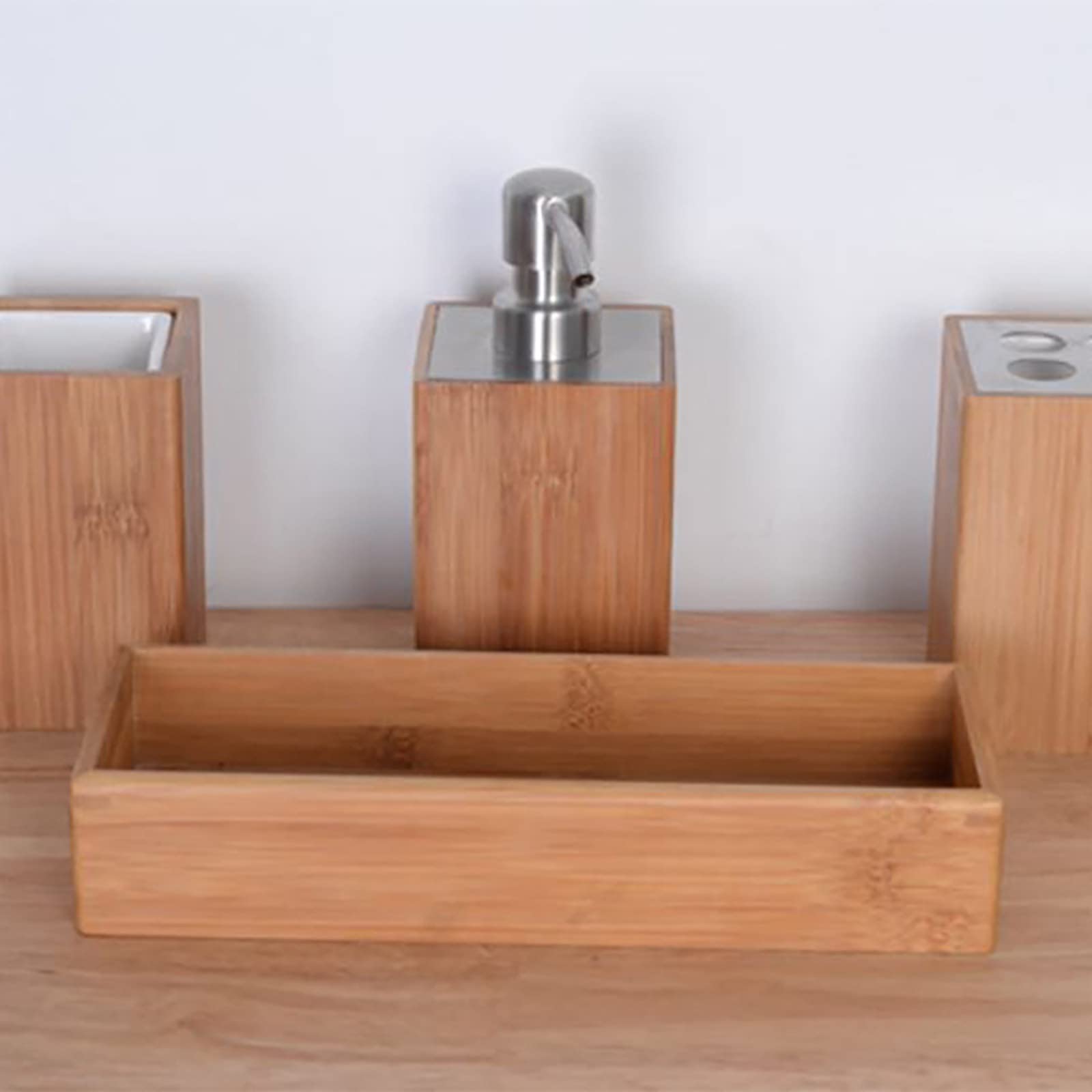 Juegos de Accesorios de Baño, Simple Madera Acesorios Cuartos de Baño 3 Piezas con Dispensador Jabon Baño Porta Cepillo de Dientes Bandeja, Multifuncional para Champú