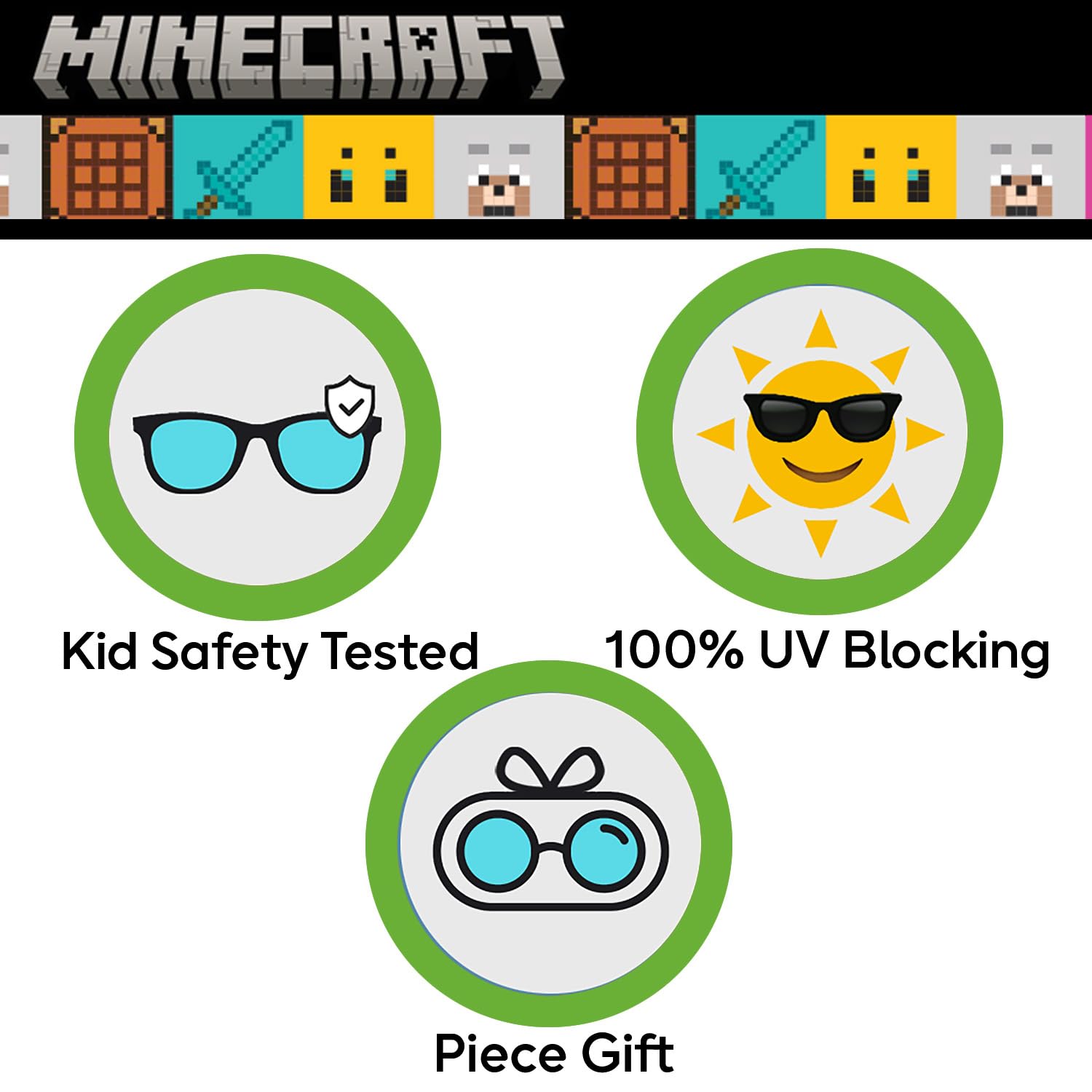 Sun-Staches Minecraft Sonnenbrille von Arkaid – Stilvolle, bequeme und langlebige UV-Schutzbrille für Kinder, Minecraft-Brille mit weicher Tragetasche, offizielles Minecraft-Geschenk für Jungen