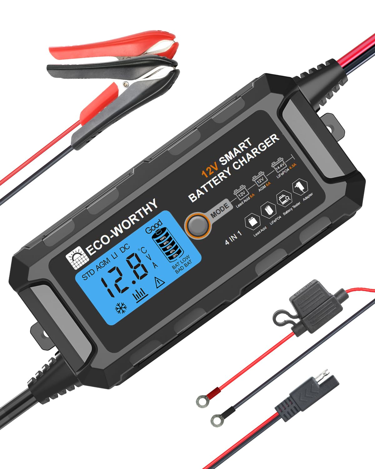 ECO-WORTHY 12V 5A Lithium LiFePO4 Battery Charger (UK Plug) Automatic Smart and Maintainer with LCD Display for Lead Acid and Lithium (LiFePO4) Battery Scooter