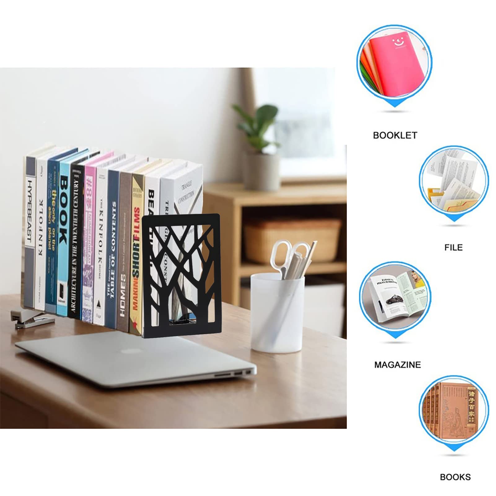 Buchstützen Metall Buchstützen für Regale, Dekorative Buchstützen für Büro Schule Zuhause, Schwarz Heavy Duty Buchstützen Abstrakt Kunst Design Bücherregal, 3 Paar, 6 Stück
