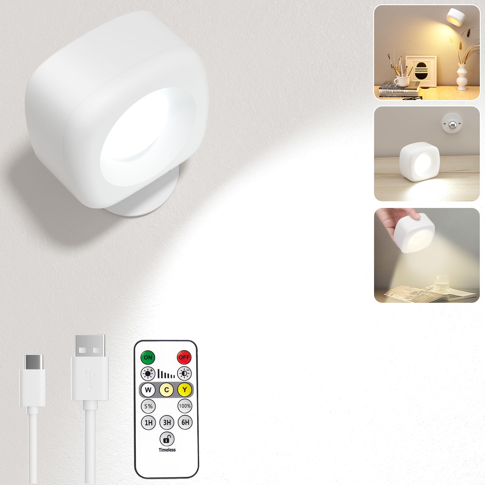 HighLuc Lámpara de pared LED, Aplique Pared Interior Giratoria de 360°, 3 Colores y 10 Niveles de Brillo Focos de Pared con Mando a Distancia, USB-C Recargable Lampara Pared para Dormitorio, 1 Pieza