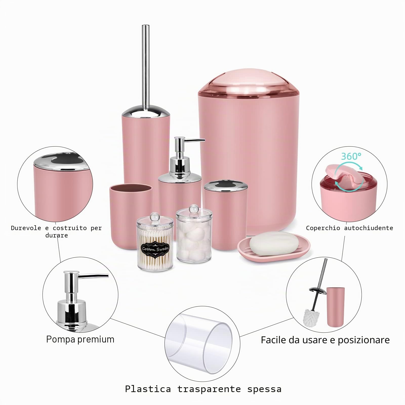 IMAVO Set di accessori da bagno – Set di 8 accessori da bagno rosa con bidone della spazzatura, dispenser di sapone, portasapone, portaspazzolino, tazza per spazzolino da denti, porta scopino per WC,