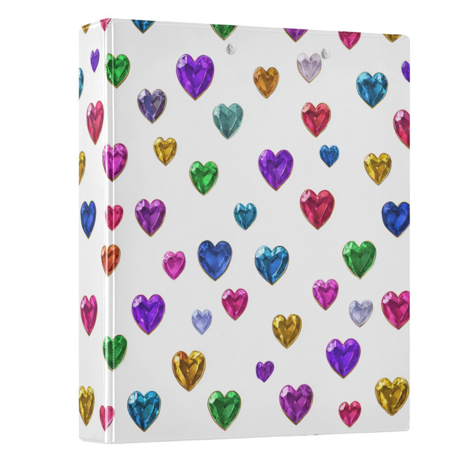Kcldeci Raccoglitore a 3 anelli con copertina rigida, con gemme colorate a forma di cuore, 3,8 cm, 200 fogli, per ufficio, casa, rientro a scuola, confezione da 2