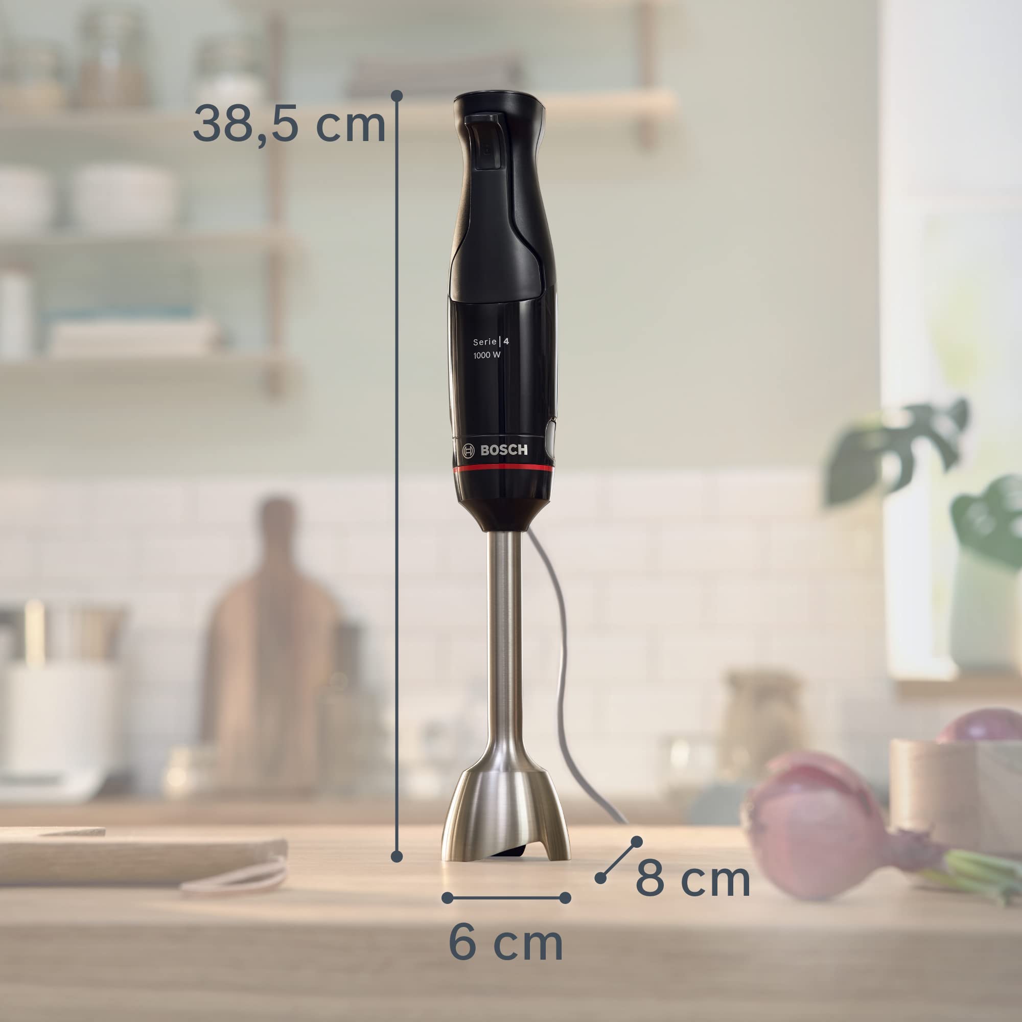 Bosch, mixeur plongeant, ErgoMaster Series 4, moteur 1000 watts refroidi par air, contrôle dynamique de la vitesse, couteau QuattroBlade Pro, accessoires inclus, MSM4B610