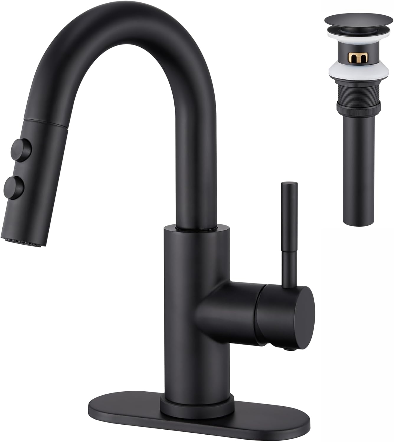 Bathroom Sink Faucet with Pull Down Sprayer, Matte Black Single Handle Pull Out Faucet with Pop-Up Drain, 1 or 3 Hole Laundry Bar Basin Faucet with Deck Plate, KBL-7002B-CL2