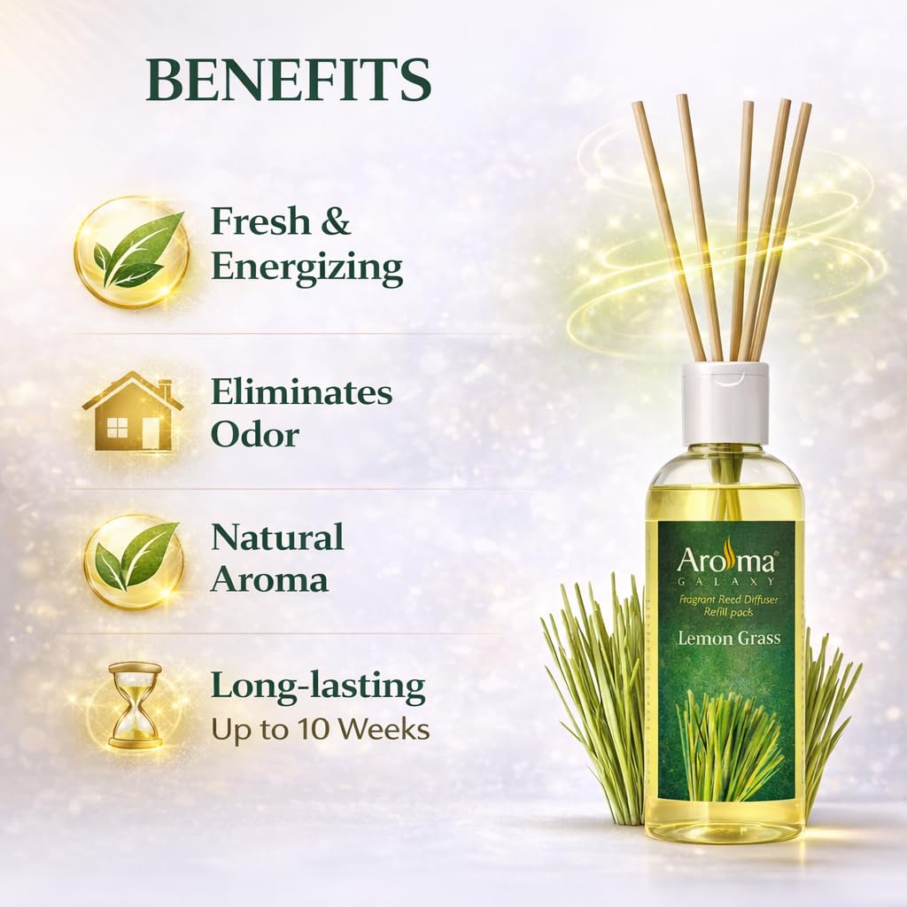 Aroma Galaxy Lamon Grass Reed Diffuser Refill Oil 200ml Premium Long Lasting Fragrance Oil for Home, Office, Spa & Aroma Diffusers (Free 6 Reed Sticks) 2