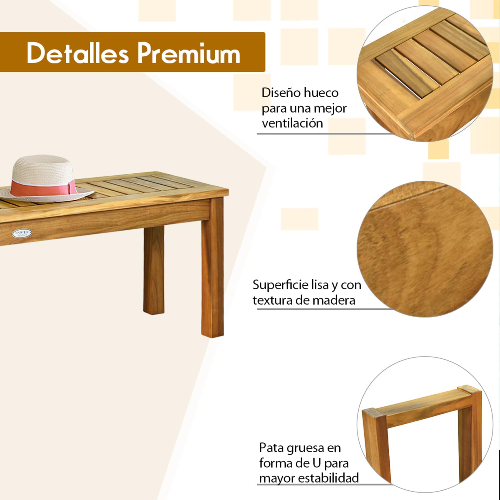 COSTWAY Banco de Madera de Acacia para Patio, Banco de Exterior con Asiento de Listones para Comedor, Banco sin Respaldo para Jardín Patio Piscina Balcón (con Barra de conexión)
