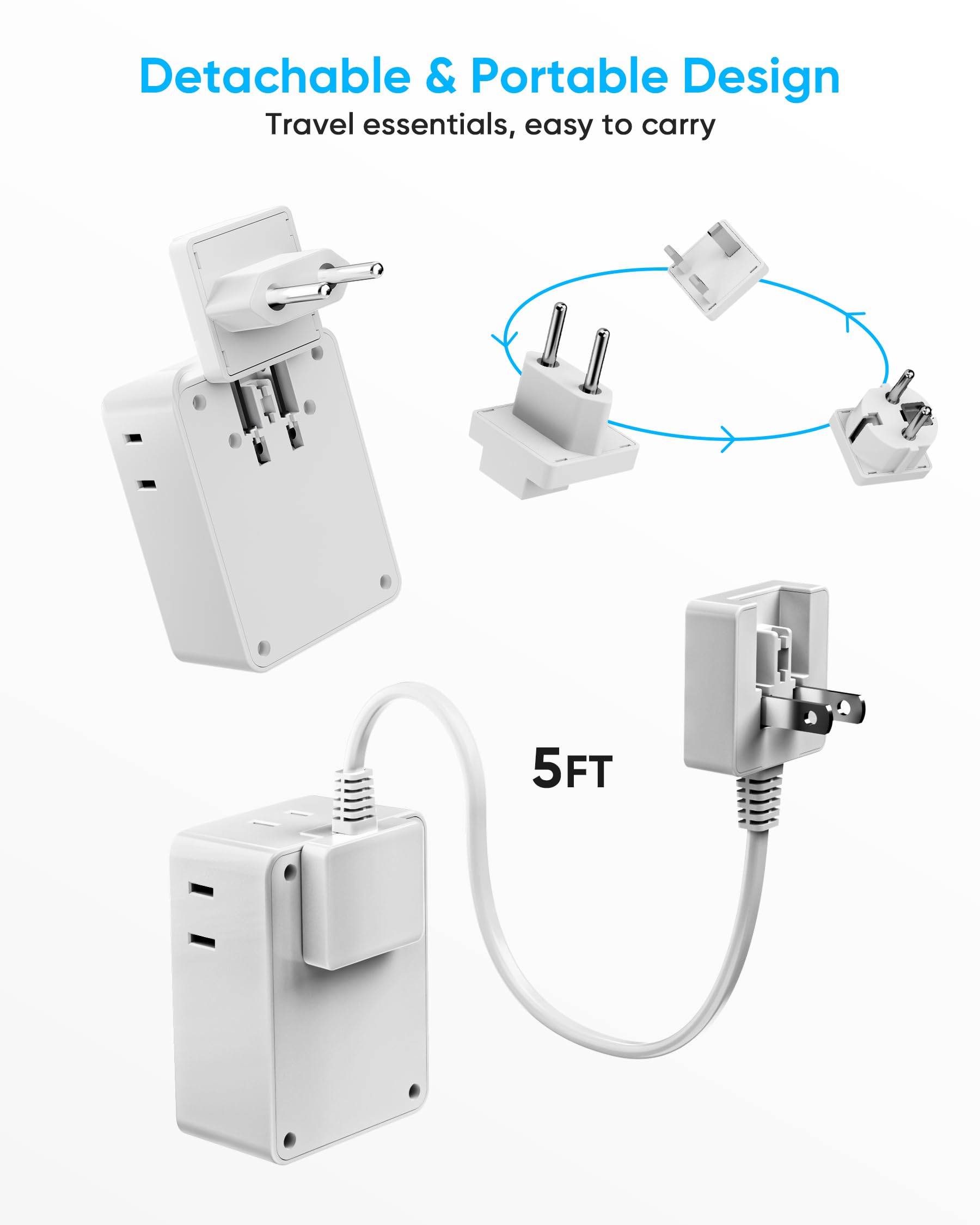 Kakyanill Adaptador de Enchufe de Viaje Europeo, Cable de extensión Desmontable de 5 pies con Kit de Enchufe Tipo C/G/E/F, 4 Salidas de CA, 4 Puertos USB (2 USB C), Reino Unido Germay Francia Grecia