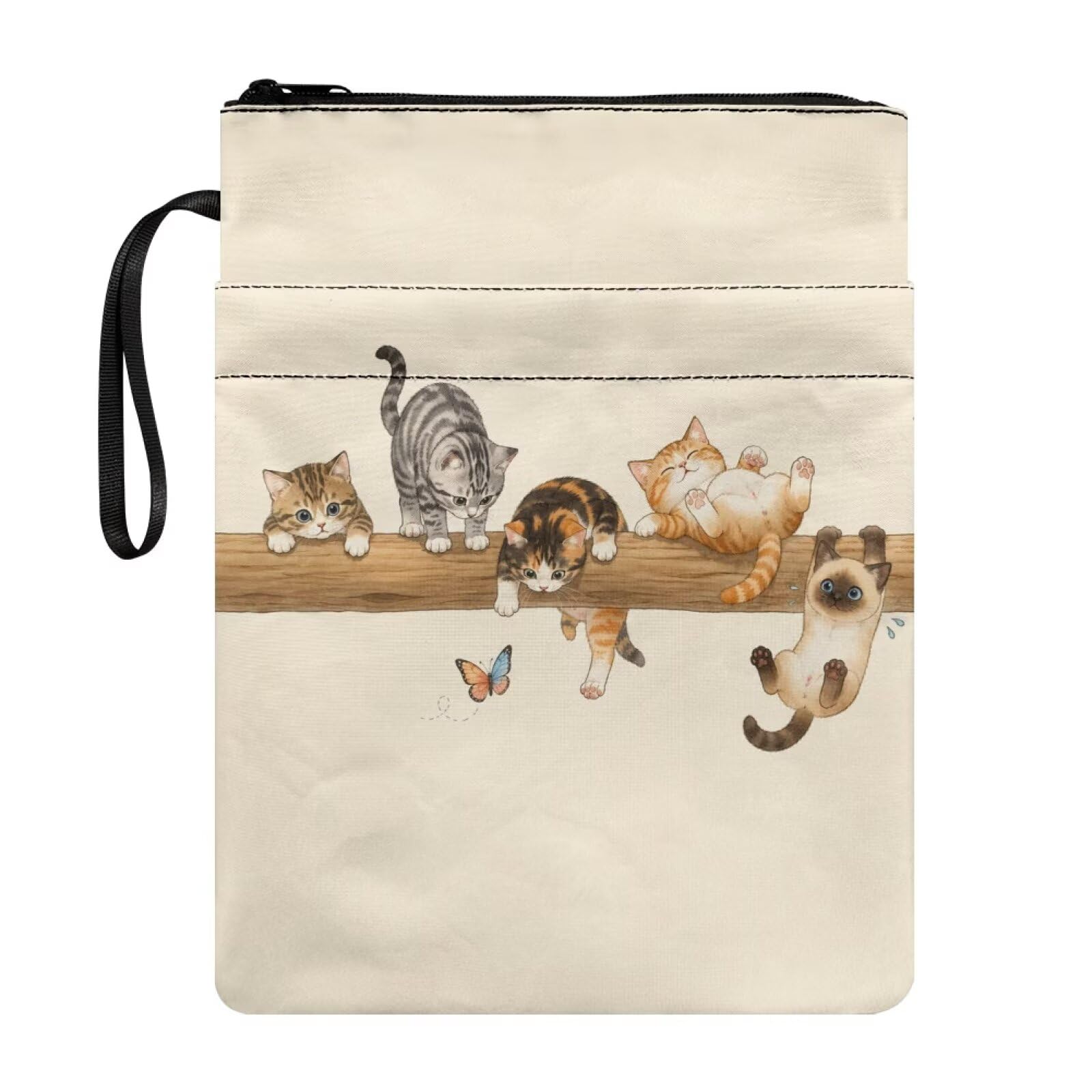 Poceacles Polyester Book Sleeve for Textbooks, Paperbacks, Notebooks, Reading Accessories Book Pouch for Travel School, Cute Cat Butterfly Beige — image 1