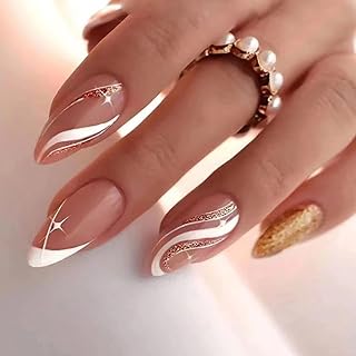 24 Shiny French Short False Nails Almond Nail Print Full False Nails Decorated Natural Acrylic with Jelly Adhesive for Women and Girls