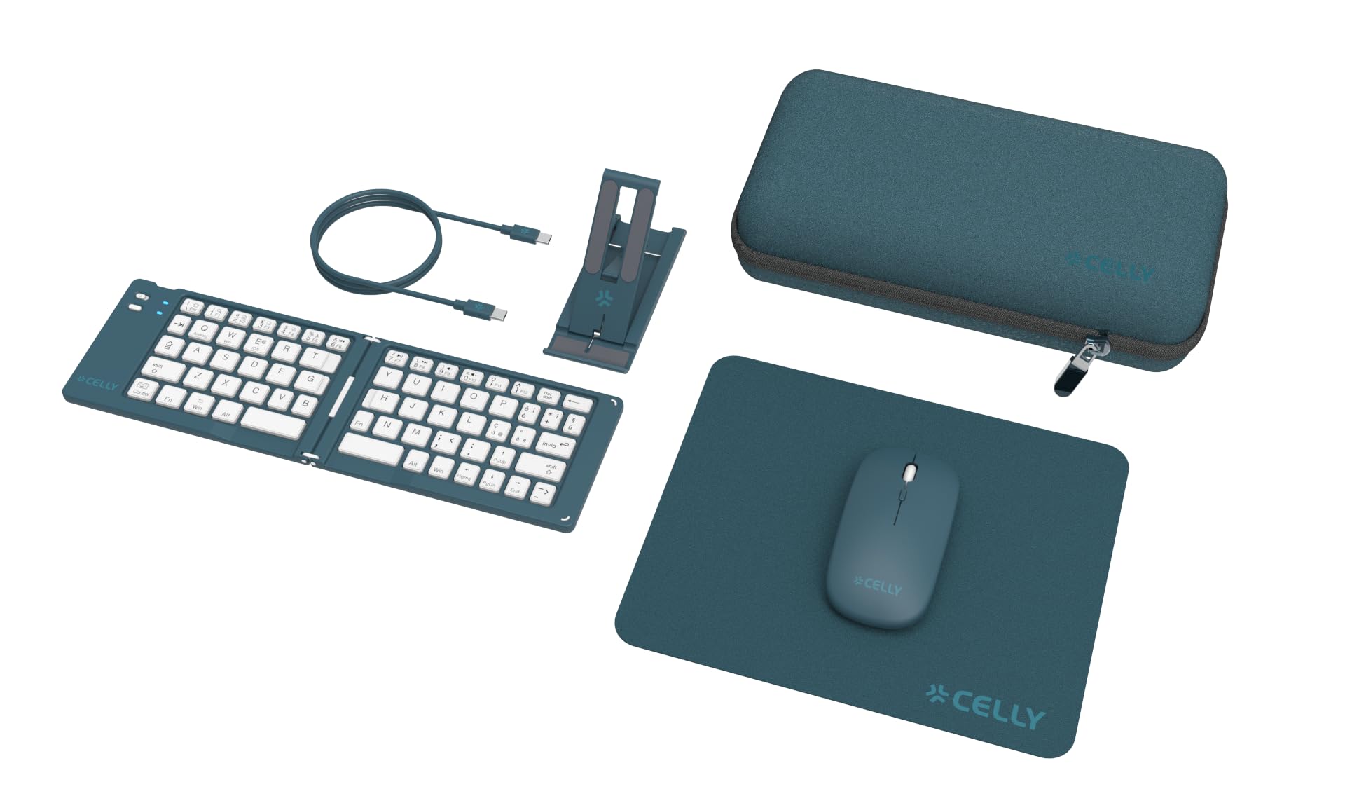 Celly, Kit Travel con Tastiera e Mouse Wireless, Set Completo per Lavorare Ovunque con Custodia Rigida in EVA, Tastiera Pieghevole, Mouse Senza Fili, Cavo USB-C, Supporto Smartphone e Tappetino, Blu