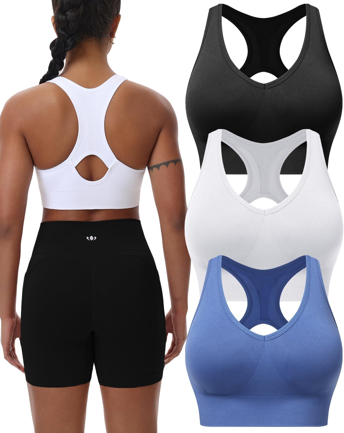 BLUELILY Women's Sports Bras 3 Pack Racerback Medium Support Bras V-Neck Padded Workout Seamless Yoga Athletic Bras