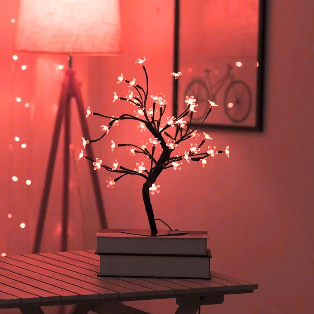 KHIZAR Bed Side Artificial Tree Lamp Cherry Blossom Silicone Flower 28 Led Lights Ramadan Festival Home Decor Eid Festival Room Decoration (Red Color) 2