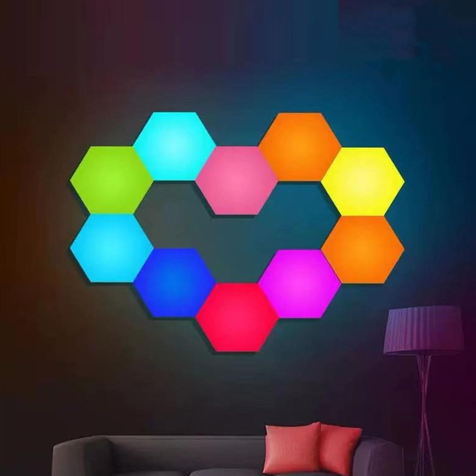 Topiky Applique Murale Hexagonale Télécommandée, Smart Touch Sensible DIY Géométrique Modulaire Assemblé RVB LED Lumière Colorée avec Alimentation USB, 12 Ensembles de Panneaux Muraux