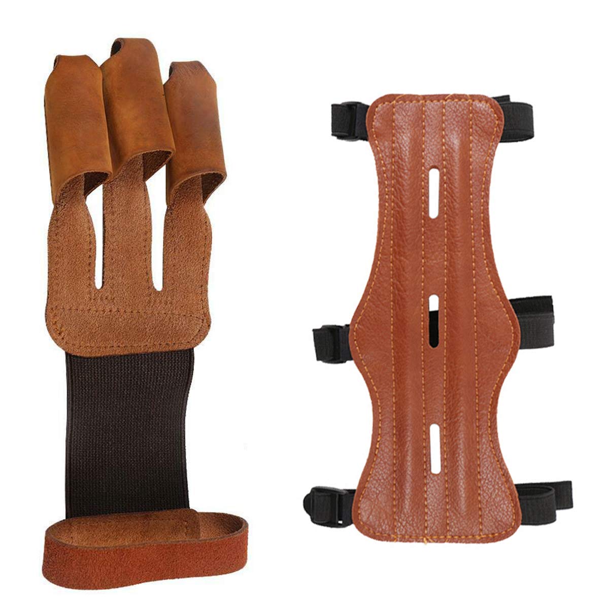 Meeyoo Archery Protective Gear - 3 Finger Leather Gloves & Adjustable Arm Guard For Bow Hunting